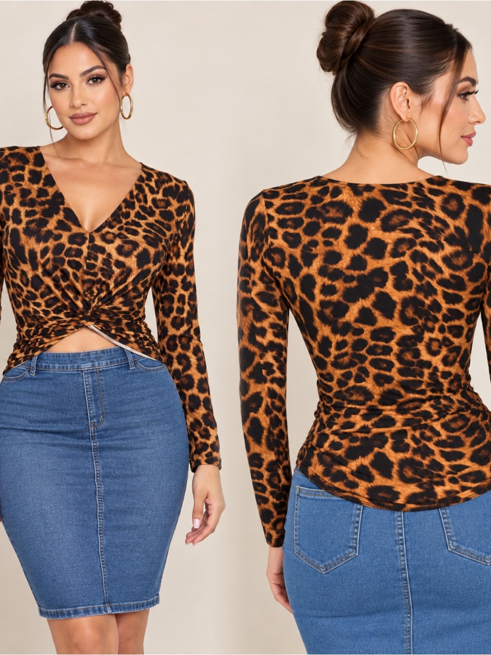 Leopard Print V-Neck Twist Front Blouse